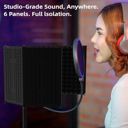 Microphone Isolation Shield – Foldable & Adjustable Soundproof Panel for Recording, Podcasting, Vocal Booth, Studio & Home Use (Six-sided low stand) - size: Six-sided low stand