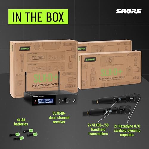 Shure SLXD24D+/58 Dual Handheld Wireless System - SLXD4D+ Dual Receiver, 2 SLXD2+ Handhelds with Nexadyne 8/C Capsule, Bluetooth Monitoring, G57 Band - style: Nexadyne 8/C Capsule