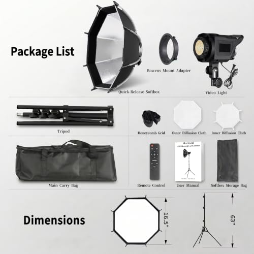 Niceveedi Softbox Lighting Kit, 2700-6500K LED Photography Lighting with 16.5” Quick-Release Softbox/Bowens Mount/Cooling System/Remote/Tripod, 90W Video Light for Video Recording/Streaming/Portraits