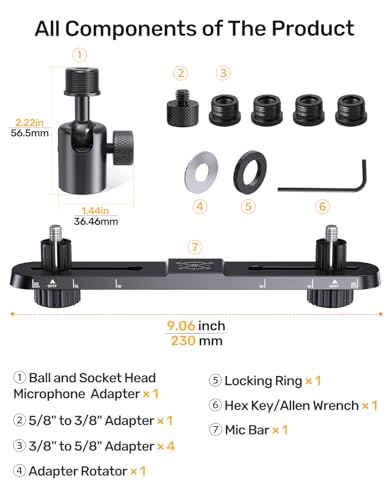 Stereo Array Spacing Microphone Holder with All-Metal Mic Ball Head Adapter, Adjustable Mic Mount Bar for Two Mics/Booms with 3/8" - 5/8" Screw Adapters, Fits Mic Stands for Recording, Live Streaming - size: Stereo Mic Bar+Ball Head Adapter