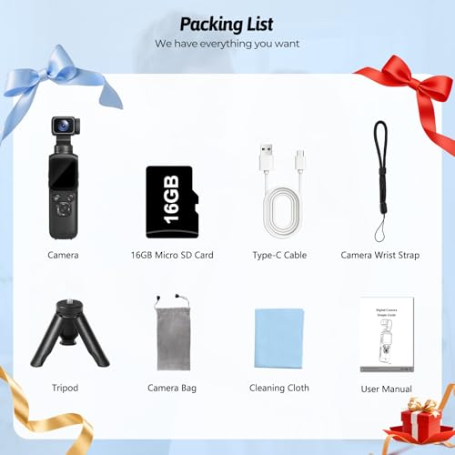 4K Vlogging Camera for YouTube, 75MP Pocket Digital Camera with 330° Rotating Gimbal Lens, Travel & Beginner Handheld Vlog Camera, WiFi Content Creator Kit with Tripod, 16GB Card