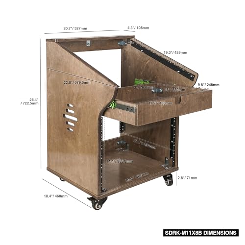 Sound Town DIY Solid Baltic Birch Plywood Studio Rack with 11U Slant Mixer Top, 8U Front, 2U Drawer, Rubber Feet, Casters, Weathered Brown (SDRK-M11X8B) - size: 8U,Weathered Brown
