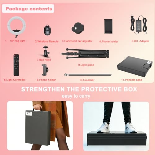 Ring Light 18" with Stand, 55w 6700K LED Light,63" Tripod,Multi-Angle Adjustable Phone Stand, for iPhone and Android Phones, CRI95, Suitable for YouTube, TikTok, Selfies (Pink, 18") - color: Pink