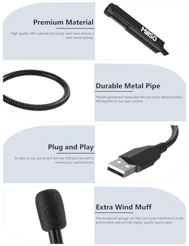 MillSO USB Microphone for Laptop Gooseneck Portable Mini USB Computer Microphone Plug&Play Omnidirectional External PC Microphone for YouTube, Streaming, Podcasting, Recording, Gaming - 1 FT
