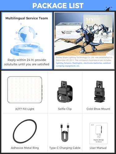 Smiling Shark Photo Light, Portable Camera Light with Clip 2000mAh Rechargeable CRI 80+ 3 Colors and 10 Brightness Magnetic LED Selfie Light for Live Laptop Phone Video