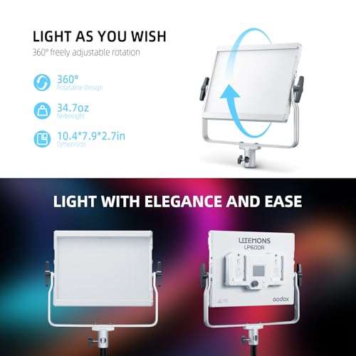Godox LP600R RGB LED Video Light with Barndoor, 2-Pack 60W 1800K-10000K 9270Lux LED Panel Light with Light Stand, APP Control CRI96+ Studio Soft Light