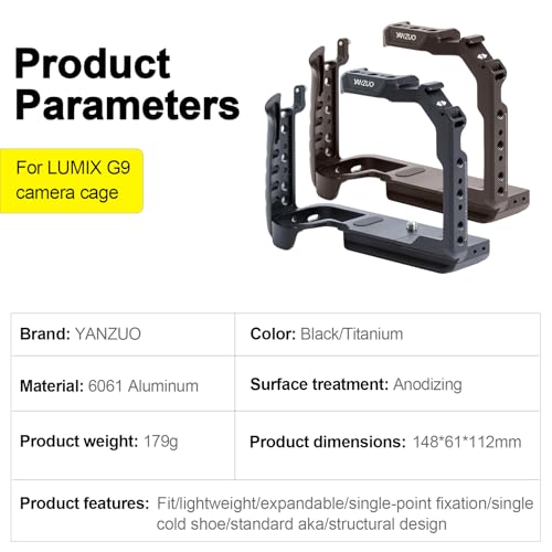 Full Camera Cage for LUMIX G9, CNC Aluminum Rig with Arca-Swiss Base, NATO Rails & Cold Shoe for Photography, Gimbal & Video Recording