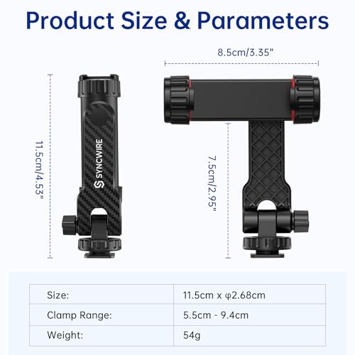 SYNCWIRE Tripod Phone Mount, Universal Smartphone Mount Adapter with 2 Cold Shoe and 1/4" Screw, 360° Rotates and 180° Tilts Adjustable Cell Phone Clamp Holder for Enhancing Mobile Photography Setup - color: Black