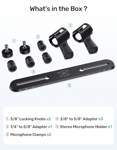 Stereo Array Spacing Microphone Bar Holder, Dual Mic Stand, Heavy-Duty Aluminum with Ruled Markings, Holds 2 Mics - X-Y and ORTF Mic T-Bar Bracket, Fits 3/8" 1/4" and 5/8" Mic Stands