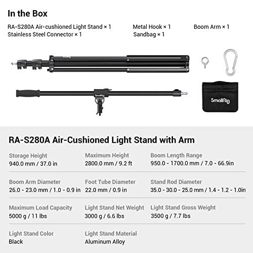 SmallRig 110"/9.2ft Photography Light Stand with Boom Arm, Heavy-Duty Aluminum Air-Cushioned Light Tripod Stand with 1/4" Screw for Softbox, Studio, Flash, Ring Light, Camera, 11lbs Max Load, RA-S280A - size: 9.2ft (with Boom Arm)