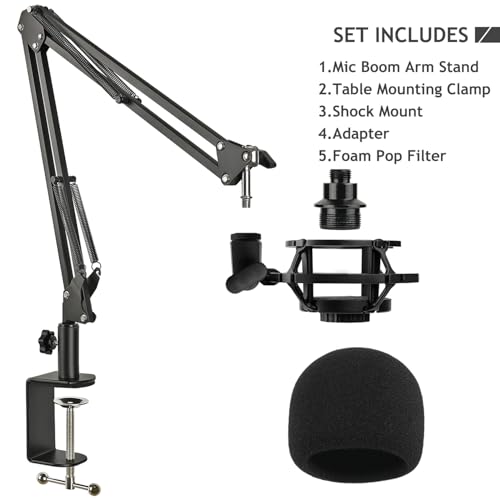 Razer Seiren Mini Boom Arm Mic Stand with Pop Filter, Shock Mount, Upgraded Heavy Duty Clamp, Adjustable Suspension Scissor Boom Arm Stand for Razer Seiren Mini USB Streaming Microphone Frgyee