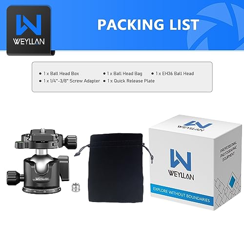 WEYLLAN Low Profile Ball Head - 36mm Metal Panoramic Camera Mount With Arca 1/4'' Quick Release Plate for Tripod Monopod - Max Load 33lbs/15kg
