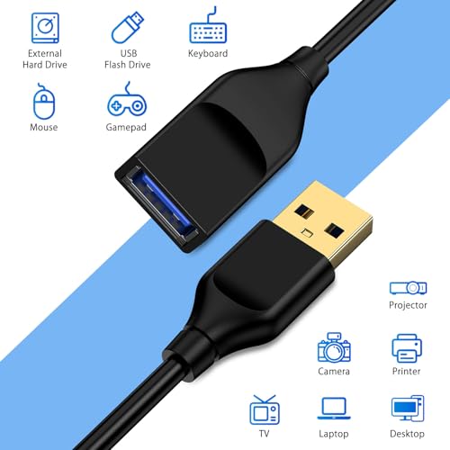 USB Extension Cable 6FT USB Male to Female Extender Cord for Keyboard/Mouse/Flash Drive/Printer/Camera/Webcam/Hard Drive/USB Hub/Headset,High Data Transfer USB3.0 Extension Cord - Black