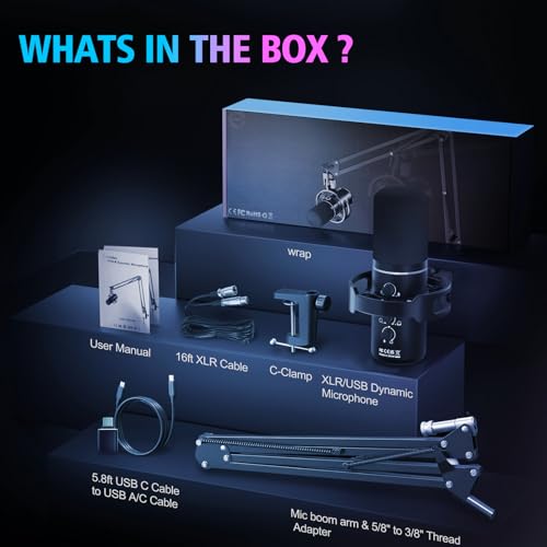 XLR/USB Gaming Microphone with Boom Arm, Dynamic Microphone with One-Touch Mute, Gain Control & Headphone Jack, RGB Podcast Microphone for Streaming, Recording, Vocal
