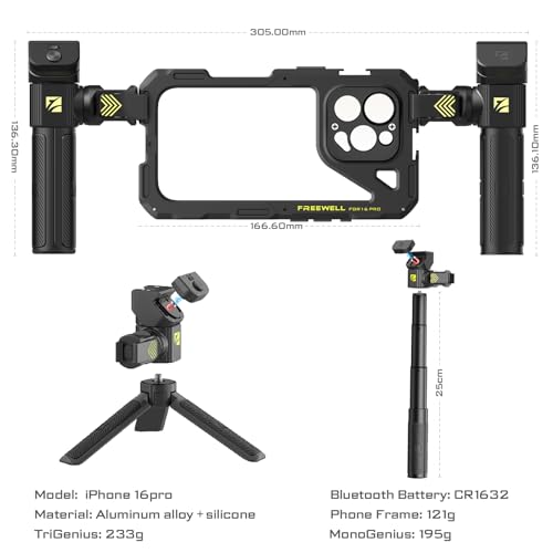 Freewell Genius Rig Cage for iPhone 16 Pro - Magnetic Filter Slot & 17mm Lens Mount, Tool-Free Setup, Multifunctional Tripod/Monopod Handle, Bluetooth Remote - style: 16 Pro