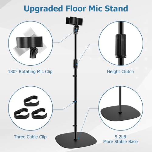 BILIONE Microphone Stand Floor, 45''-75'' Height Adjustable Boom Mic Stand with Weighted Base, 2 Clips & 3/8'' to 5/8'' Adapter Compatible with Blue Yeti HyperX QuadCast Shure SM58 - size: Mic Stand Floor
