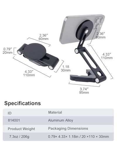 Aluminum Alloy Magnetic Phone Mount with 1/4" Screw & Arca Quick Release - Foldable Magnetic Holder for iPhone 16/15/14, Vlogging Tripod, Live Streaming Setup 814001