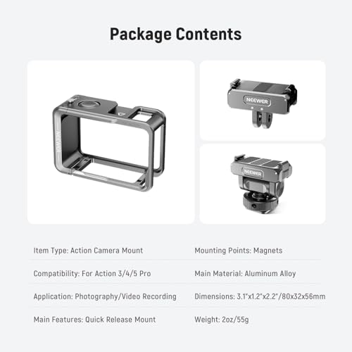 NEEWER Action Camera Cage Kit Compatible with DJI Osmo Action 5 Pro 4 3 DJI Mic, Protective Frame Accessories with Quick Release Cold Shoe Mount & Magnetic Mount Adapter, AC011+AC012+ AC014 - style: AC011+AC012+AC014 Cage Kit(Gray)