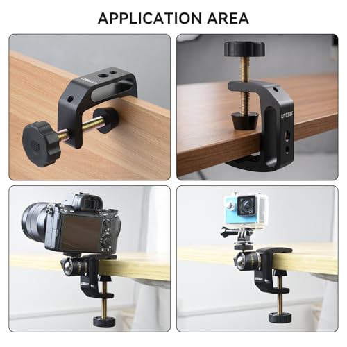 UTEBIT Universal C-Clamp for Desktop Mount Holder, with 1/4" & 3/8" Thread | 3.7"-5.7" Desk C-Clamp Aluminum Support Clamp for Desktop Mount Carts Benches Worktables, Black - size: 3.7-5.7 inch