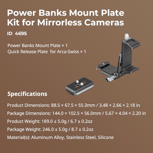 SMALLRIG Power Banks Mount Plate Kit, Power Bank Holder with Double Quick Release Plate for Arca-Swiss, Aluminum Alloy Adjustable Powerbank Mount Plate for Mirrorless Camera and Power Banks - 4695 - style: Power Bank Holder