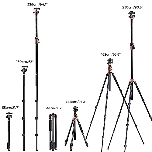 K&F CONCEPT 90''/230cm Ultra High Camera Tripod T254A7+BH-28L | Horizontal Overhead Shooting, Metal Ball Head, 10KG Load Capacity, Detachable Monopod, Flexible Travel Tripods - size: T254A7+BH-28L