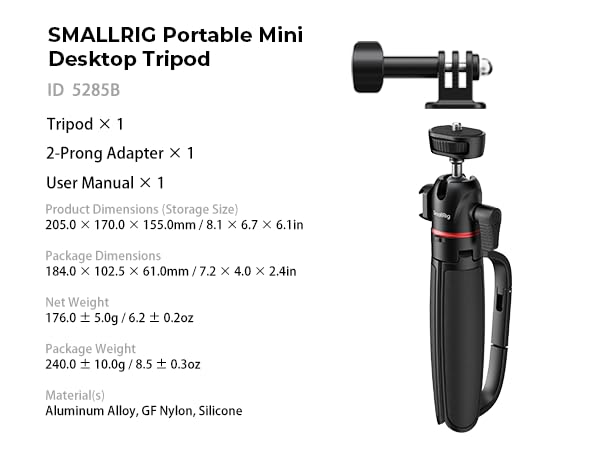 SMALLRIG Small Camera Tripod Selfie Stick, Extendable 8"-15" Mini Handheld Carabiner Tripod with Mantis Hook, 360° Ball Head, Cold Shoe Mount, 1/4"-20 Screw for DSLR, Adapter for DJI, for GoPro - 5285 - style: for camera