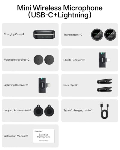 Wireless Lavalier Microphone for iPhone 17/16/15/14, iPad & Android, Magnetic Clip-on Mini Mic with Charging Case,30H Playtime Plug-Play Lapel Lavalier Mic for Vlog TikTok, AI Noise Reduction - color: 2 TX+Lightning Rx+USB-C Rx+Charing Case