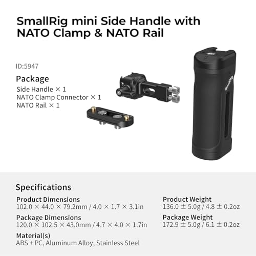 SmallRig Mini Side Handle with NATO Clamp & NATO Rail, for Left or Right Hand, Up and Down Adjustable, with Built-in Cold Shoe & Threaded Hole, Max. Load 10kg / 22lb - style: NATO with Rail