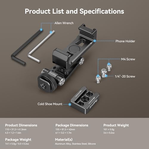 SmallRig Phone Support for DJI Stabilizers, Adjustment Phone Mount Adapter with 1/4"-20 Threaded Hole, Cold Shoe for DJI RS 4 Mini/RS 4 Pro/RS 3 /RS 3 Pro/RS 3 Mini/RS 2 / RS C2 / R S/R SC - 4301 - style: with Cold Shoe Mount
