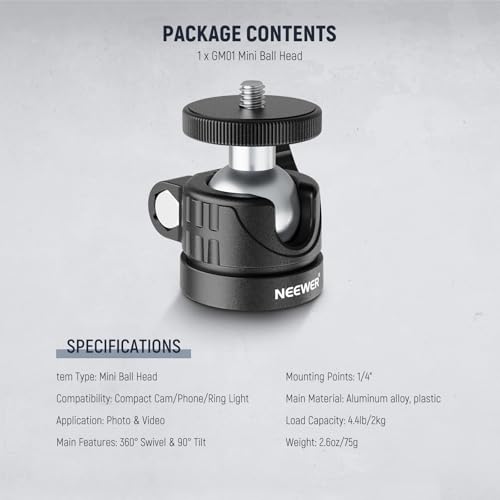 NEEWER Basic Mini Ball Head, Portable Tripod Head Camera Mount Adapter with 1/4" Screw for Compact DSLR Action Cam Phone LED Ring Light Monopod Slider, 4.4lb Max Load, 360° Swivel & 90° Tilt, GM01 - style: GM01