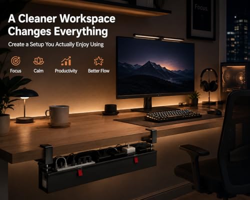 Under Desk Cable Management Tray, 90CM Extra Large, No-Drill Clamp Mount Cable Organizer, Hide Power Strips, Adapters & Wires, Easy Access Fabric Cable Basket for Standing Desks & Home Offices