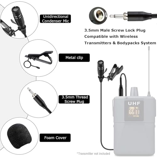 Lavalier Lapel Microphone Unidirectional Condenser Super Cardioid Mic Compatible with Wireless Bodypack Transmitter System with 3.5mm Thread Screw Plug - style: 3.5mm Thread screw Plug