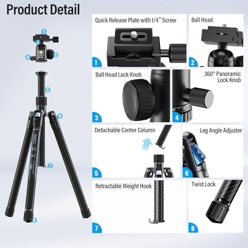 SIRUI 60" Carbon Fiber Tripod for Camera with 360° Panoramic Ball Head, Arca QR Plate, Compact Lightweight 2.1lbs Travel Tripod for DSLR Video Camcorder, Max Load 10kg, Traveler X-III