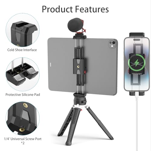 iPad and Phone Tripod Mount,Dual-Purpose Phone and Tablet Holder with Adjustable Clamp, Compatible with Devices up to 12.9Inches,1/4 Inch Screw fits iPad Pro 12.9,Air Mini 3/4,Galaxy Tab,Selfie Stick
