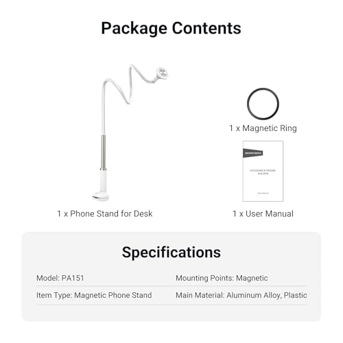NEEWER Basics Magnetic Phone Stand for Desk, 360° Overhead Table Cellphone Holder Clamp Mount with Flexible Arm, Compatible with MagSafe iPhone Android Samsung for Bed Video Recording, PA151 White - style: PA151 White