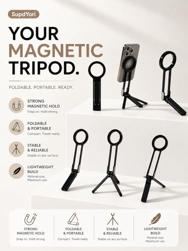 Mini Pocket Magnetic Phone Tripod – Aluminium Foldable Stand with Strong Magnet, Maglock Smartphone Tripod Compatible with iPhone 17 16 15 14 13 12 Series, Black - color: Black