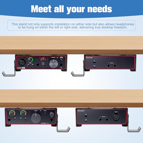 Metal Under Desk Mount and Wall Mount for Focusrite Scarlett Solo 3rd/4th Gen with Adjustable Headphone Hanger Stand, Metal Under Desk Mount for Audio Interfaces and Studio Gear (Black Holder Only)