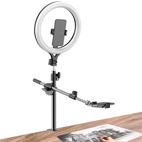 Ring Light with Stand and Phone Holder, Overhead Phone Mount, Phone Stand for Recording, 11” Circle LED Ring Light for Desk with Clamp for Live Streaming, Video Recording, Meeting, TikTok, YouTube