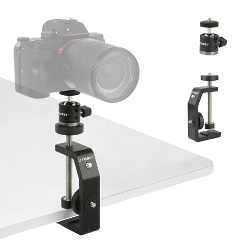 UTEBIT Super Clamp Mount with Mini Ball Head Mount, Black (90mm) | 1/4" Screw Hot Shoe Mount Adapter Camera Clamp Mount for Desk, Bicycle Gopro Clamp Mount Compatible for DJI Action 2/Insta360 - size: 90mm
