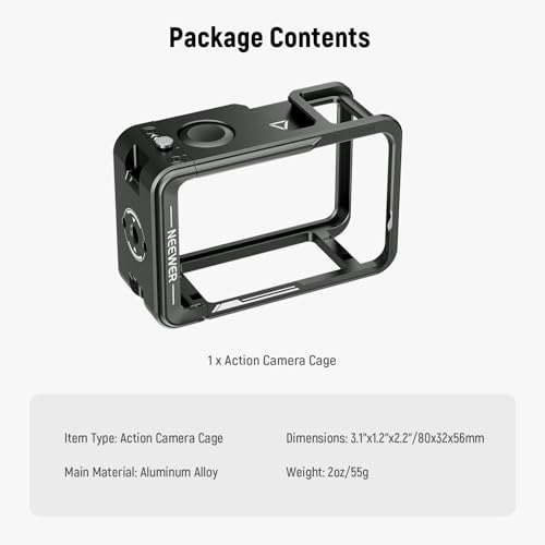 NEEWER Action Camera Cage for Osmo Action 5 Pro / 4/3, Protective Metal Video Rig with Cold Shoe, 1/4" Thread, Shutter Button Compatible with DJI Mic Magnetic Adapter Mount Accessories, AC014 Black - style: AC014 Cage(Black)