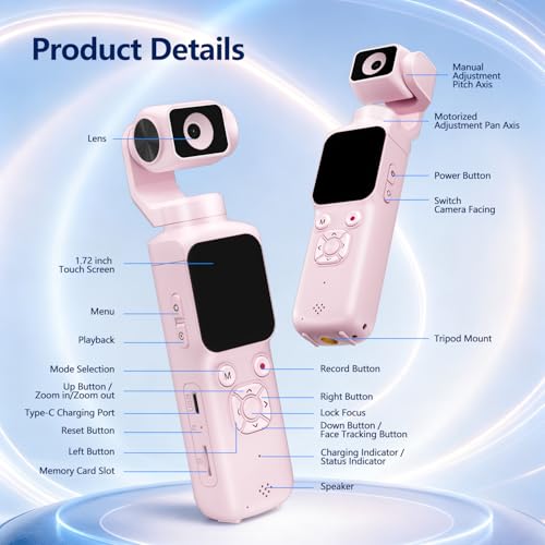 4K Vlogging Camera with 330° Rotating Lens & Face Tracking, Portable Pocket Digital Camera for YouTube TikTok with WiFi, Includes 16GB Card, Tripod & Carrying Bag, Pink - color: Pink