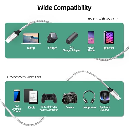 USB C to Micro USB Cable 10ft Braided Cord 3M for Charging Data Transmission - size: 10 Feet