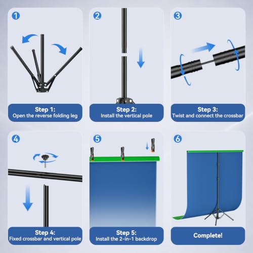 Blue Green Screen Backdrop Stand Kit, 5x6.5ft Portable T-Shaped Stand with Reverse Folding Base, 2-in-1 Reversible Background with 5 Clamps for Streaming, Zoom, Photography, Video Recording