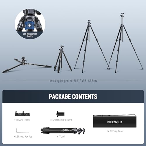 NEEWER LITETRIP LT07 61" Aluminum Travel Tripod for Camera w Pan Tilt Low Profile Ball Head, Arca QR Plate Compatible with PD Tripod Plate, Dual Center Axis, Phone Holder, Max Load 22lb - style: LT07 w/Clip