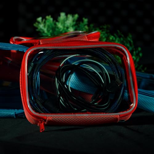 Filmsticks Set of 3 Transparent TPU Storage Cases, Red, Small Medium Large, 170 x 50 x 135 mm to 250 x 50 x 160 mm, Clear Zip Organisers for Camera Gear, Cables, Tools and Accessories