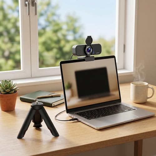 1080P Webcam with Noise-Cancelling Microphone and Tripod - Computer Camera with Privacy Shutter - 110° Wide Angle - USB Plug & Play for PC Laptop - Zoom Teams Streaming