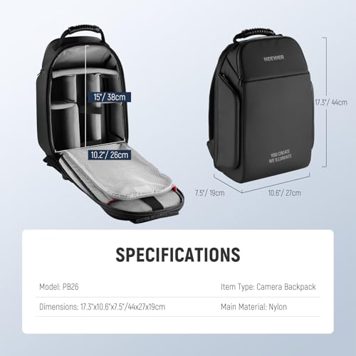 NEEWER BASICS Camera Bag for Photographer, Water Resistant Digital Cam Backpack Shockproof Large Case Compatible with Sony Canon Nikon DSLR Mirrorless Lenses Small Photography Accessories, PB26 Black - style: Pb26 Black