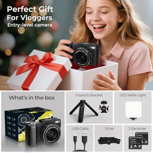 5K Vlogging Camera with WiFi 64MP 4K Digital Camera for Photography Vlog Camera with Flip Screen Video Camera for YouTube with Selfie Light, Desk Tripod, Batteries
