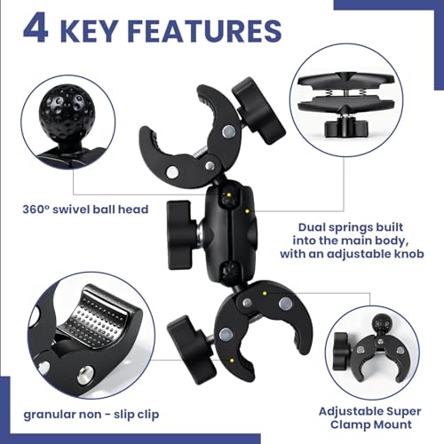 Double Ball Head Camera Clamp - Adjustable Mounting Bracket with Pliers-Style Grips for Photo Studio Equipment, Light Stands, Reflectors, Monitors, and Golf Cart Crossbars(6-9inch)