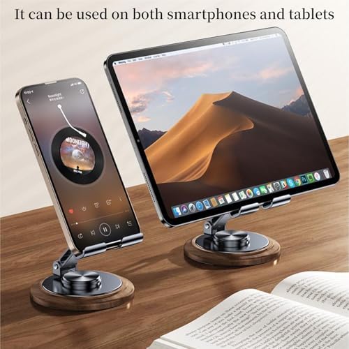 Foldable 360° Rotating Phone Stand for Desk | Cellphone Stand with Anti-Slip Base Portable Phone Holder for iPhone 17 16 15 14 13 Pro Max, All Smart Phones, iPad - color: Wood Grain Black